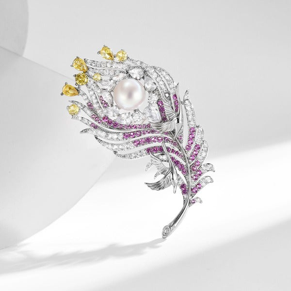Phoenix feather pearl brooch