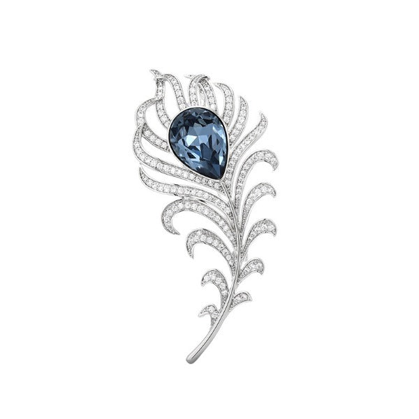 Blue crystal feather brooch