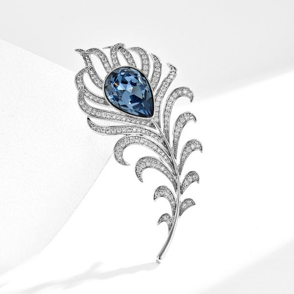 Blue crystal feather brooch