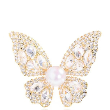 Classic Diamond Butterfly Pearl Brooch