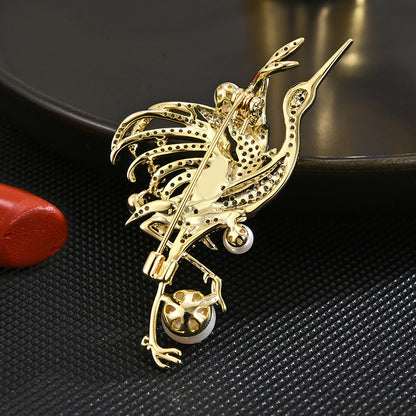 Red-Crowned Crane Diamond pearl Brooch