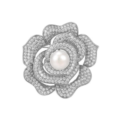 Pearl diamond rose flower brooch