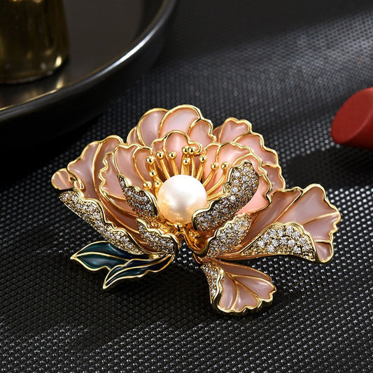 Peony flower pearl brooch