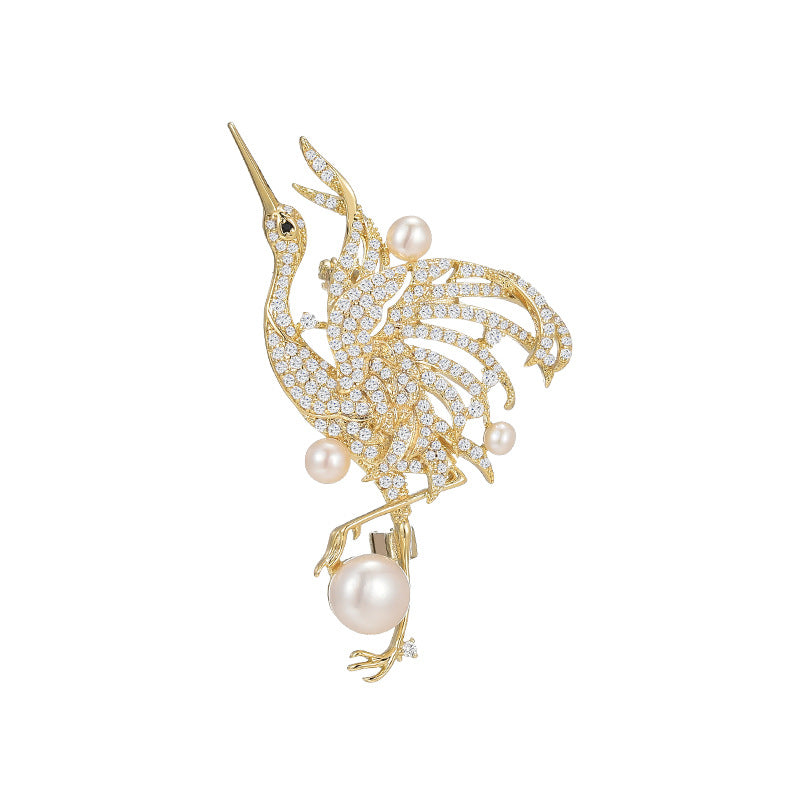 Red-Crowned Crane Diamond pearl Brooch