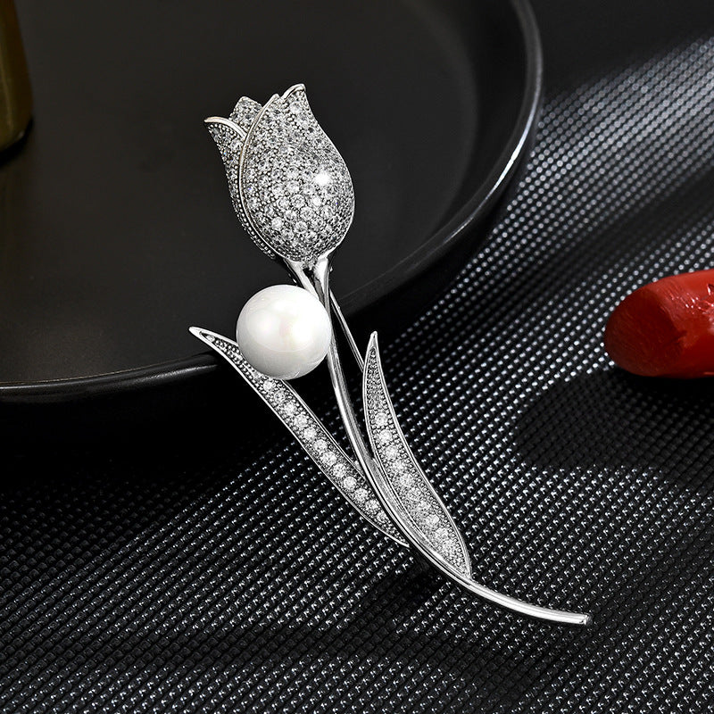 Tulip brooch pearl diamond brooch