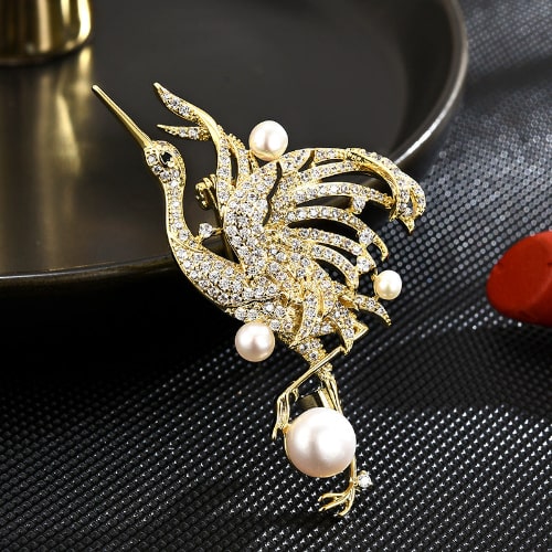 Red-Crowned Crane Diamond pearl Brooch