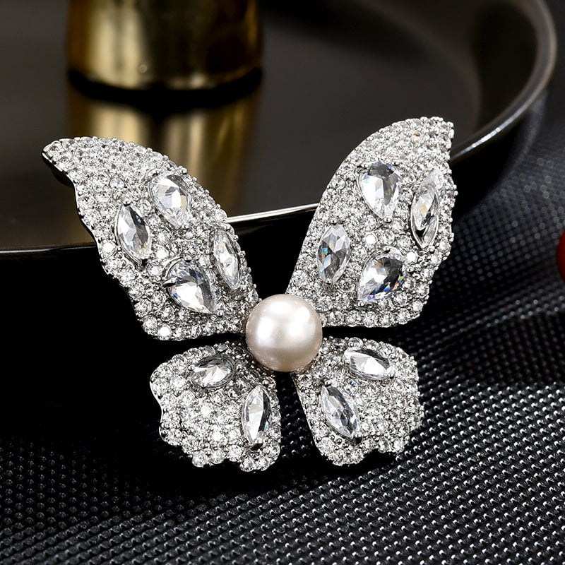 Classic Diamond Butterfly Pearl Brooch