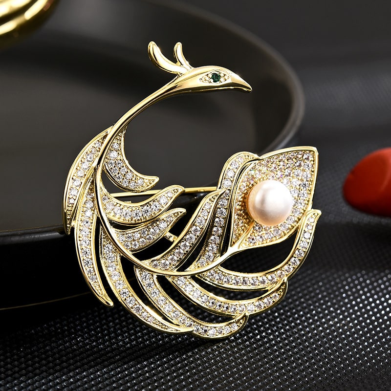 Pearl Peacock Feather Brooch Suit Pin