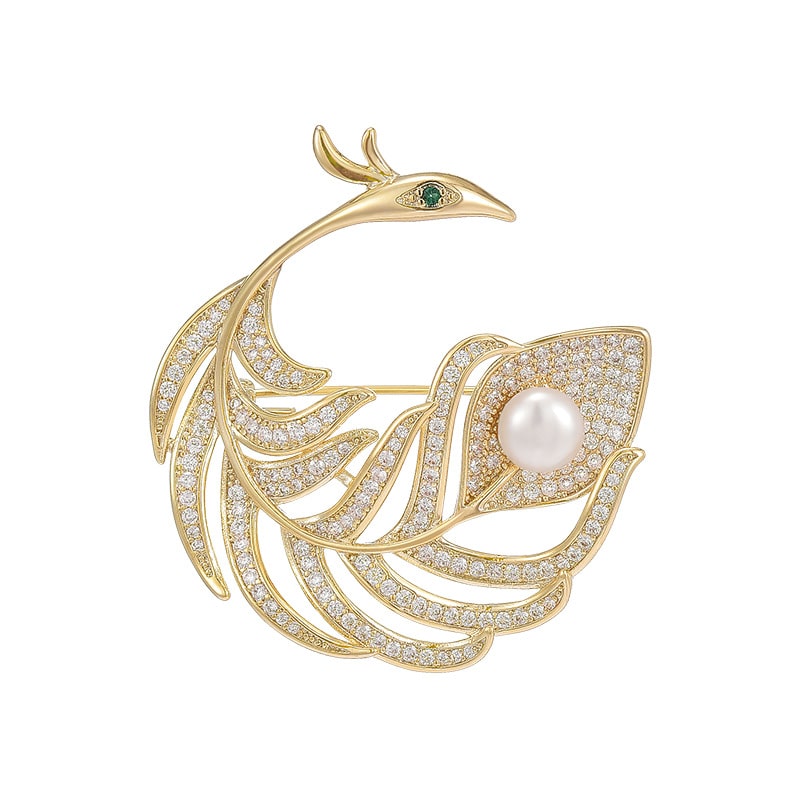 Pearl Peacock Feather Brooch Suit Pin