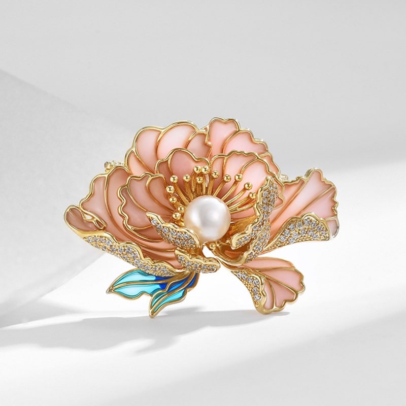 Peony flower pearl brooch