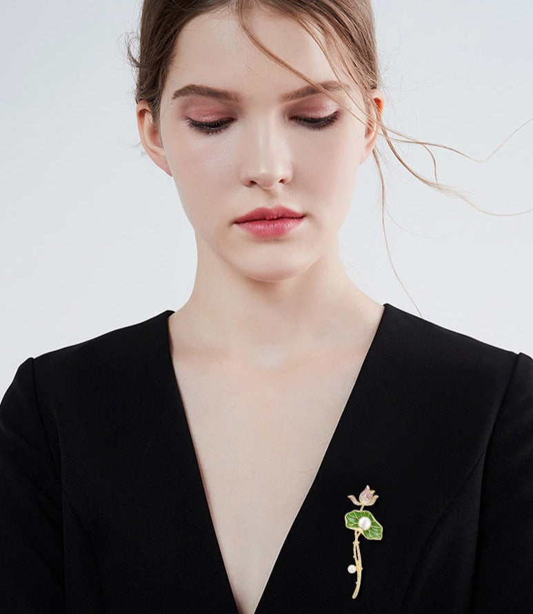 Pearl Diamond Lotus Brooch