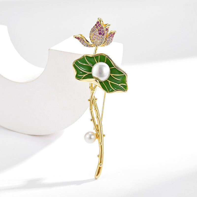 Pearl Diamond Lotus Brooch
