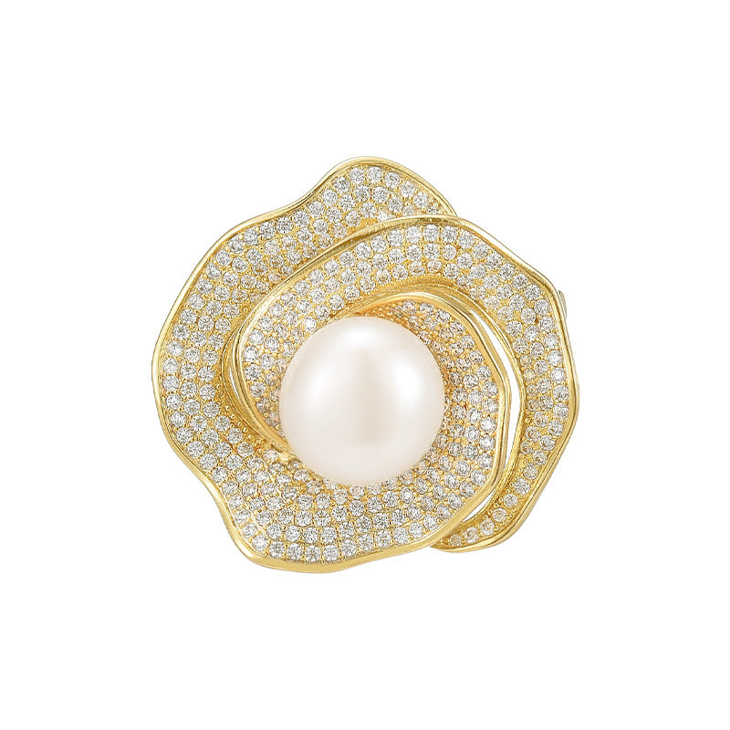 Diamond Camellia Brooch Pearl Corsage Brooch